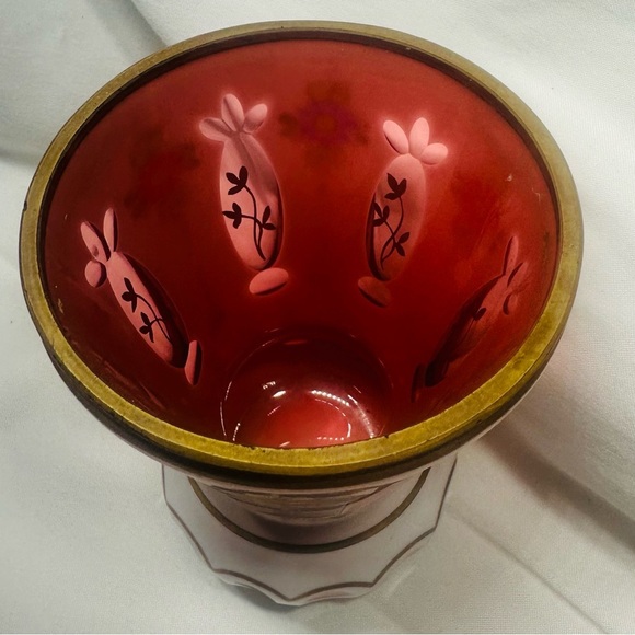 VTG Bohemian Czech Cut to Cranberry Flash Glass Vase Hand Painted Floral MCM - Picture 2 of 4
